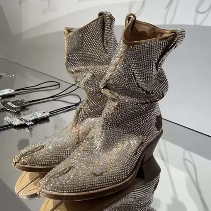 Botas Tabi de mujer con tacón grueso de cien pliegues al aire libre de vaquero occidental con diamantes de agua divididos - 1