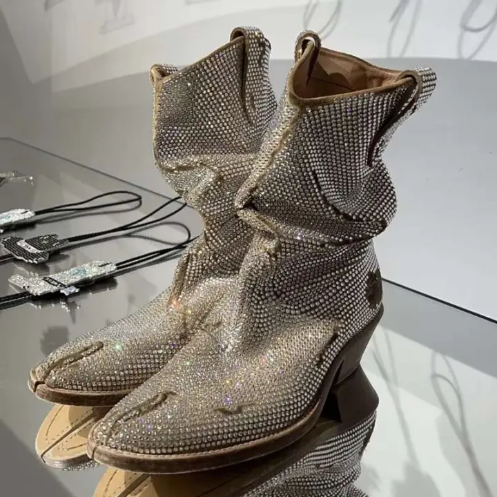 Botas Tabi de mujer con tacón grueso de cien pliegues al aire libre de vaquero occidental con diamantes de agua divididos - 1