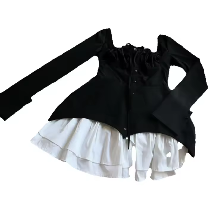 Diseño sentido cuello cuadrado cordones patchwork botón manga larga vestido corto - 1