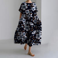 Novedad de verano, vestido elegante Vintage estampado de manga corta con cuello redondo, vestidos largos informales holgados con bolsillos y temperamento - details 1