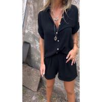 Conjunto casual de verano 2024 TEMU de algodón y lino con pantalones cortos y manga corta para mujer - details 3