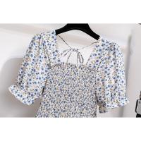 Vestido Midi Bohemio De Mujer Para Verano En Chiffón Con Cuello Cuadrado Y Manga Corta Vestido Casual De Playa Vacaciones Plegado A-Line - details 3