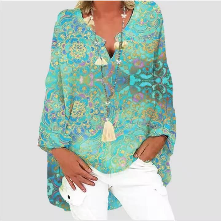 Camisa estampada informal con cuello en v para mujer, tops de moda - 1