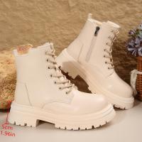Botas de moto de cuero Pu para mujer, botas de tobillo cálidas con cordones de felpa, tacón plano beige negro, botas de algodón antideslizantes, invierno - details 6