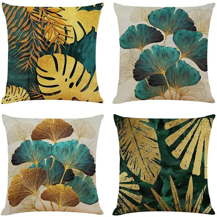 Fundas de almohada cuadradas, paquete de 4 Fundas de cojín de hojas verdes y doradas, cojines de sofá de lino, 45cm x 45cm - 1