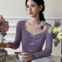 Suéter de punto con lazo de estilo francés para mujer, jersey de manga larga con pliegues, ajustado, dividido, Tops de moda - details 0