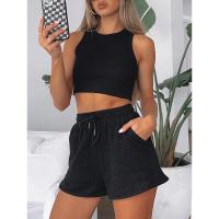 Conjunto de dos piezas de verano para mujer, chaleco sin mangas de color sólido con textura gofre y pantalones cortos casuales de moda. - details 26