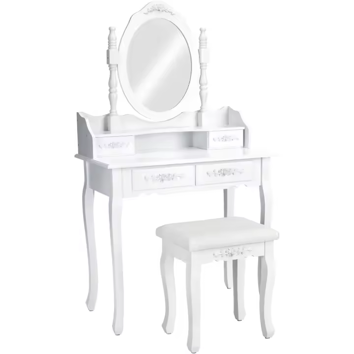 tocador de Maquillaje, Estilo Vintage, Espejo Giratorio, Taburete Acolchado, 4 cajones, Elegante, Muebles Dormitorio, tocador con Espejo, Espejo Maquillaje, tocadores de Maquillaje - Blanco - 1