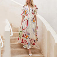2025 primavera nuevo vestido de playa para mujer de Amazon vestido europeo y americano de impresión elástica de cuatro lados con péndulo ajustado - details 5
