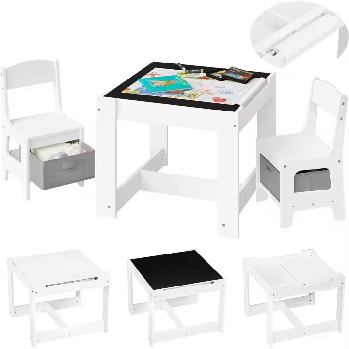 para Niños de Madera, Muebles con Espacio de Almacenamiento, Escritorio Blanco Reversible con - 1
