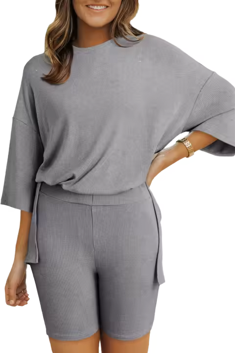 Elrachen Conjunto de pantalones cortos ajustados y top tipo túnica holgada para mujer, gris claro, tallas S-2XL - 1