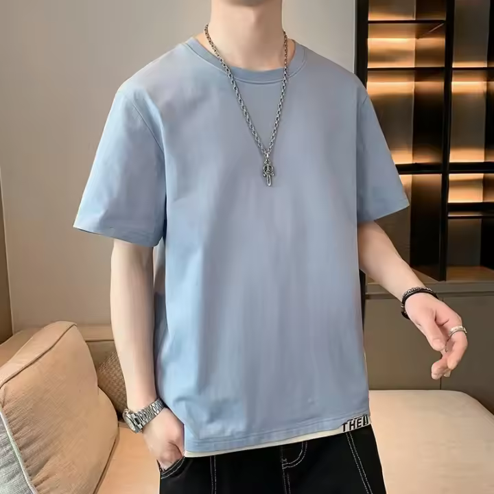 Camiseta de manga corta de estilo coreano para hombre, novedad de verano, camiseta informal holgada versátil con bloques de color, camiseta transpirable con cuello redondo - 1