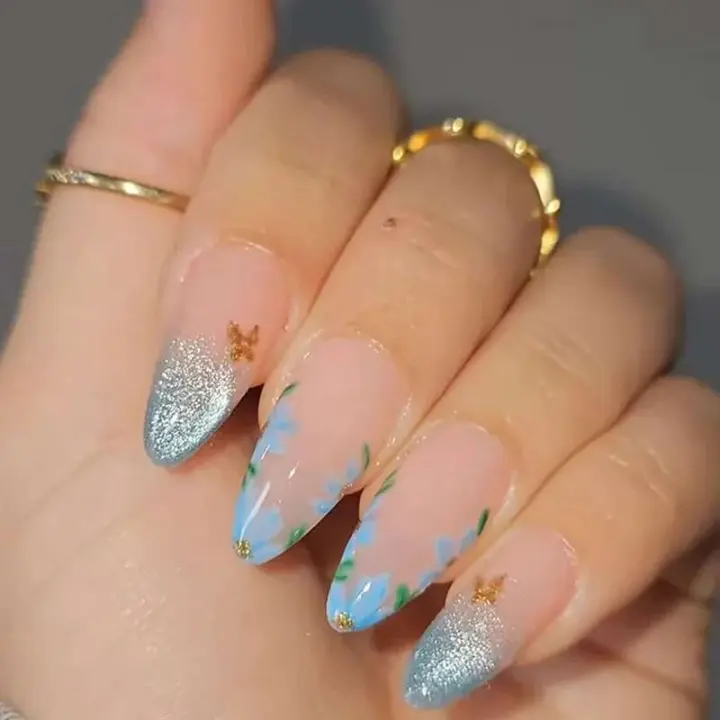UDS de Almendra Diseño de Concha Azul Holiday Uñas Falsas de Acrílico Puntas de Uñas Francesas Cubiertas con Pegamento - 1