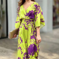 Mono elegante con estampado de manga de murciélago para mujer, mono con cuello en V y cintura, novedad de 2025 - details 3