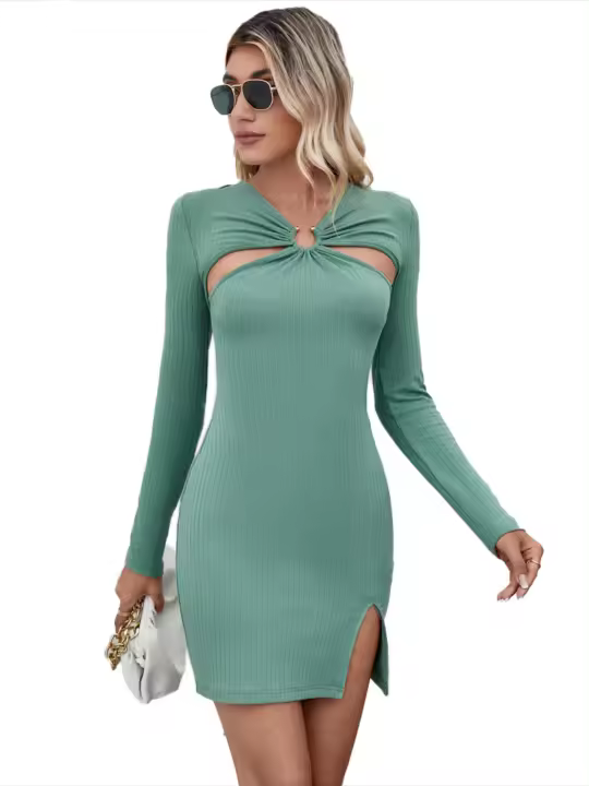 Vestido elegante de mujer con cinturón de manga larga, diseño hueco, estilo Kpop elegante - 1