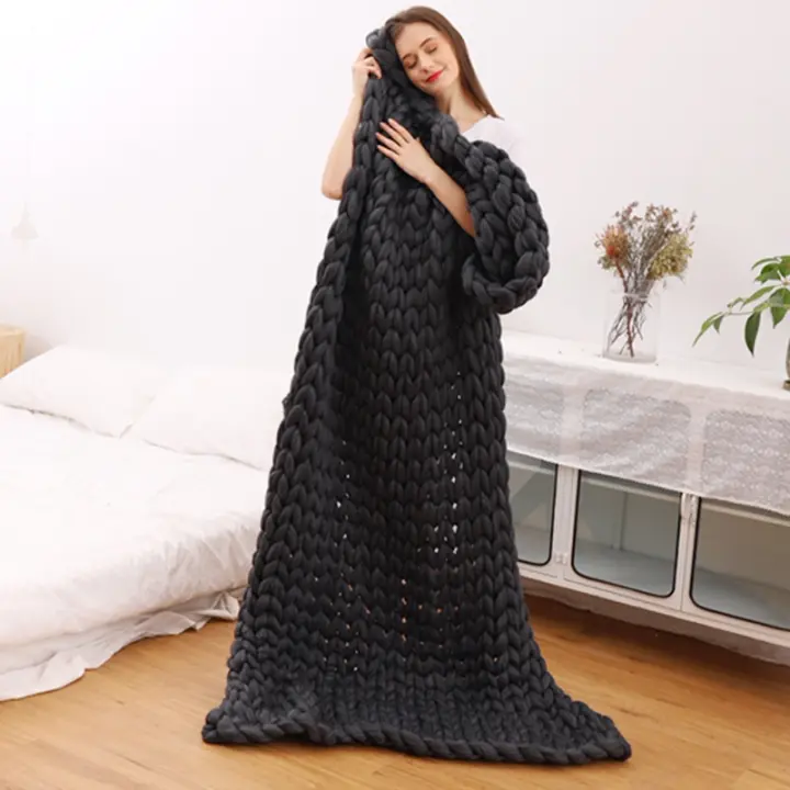 WOSTAR-manta gruesa de lana merina para sofá y cama, manta de punto de hilo grande, cálida, a cuadros, para invierno - 1