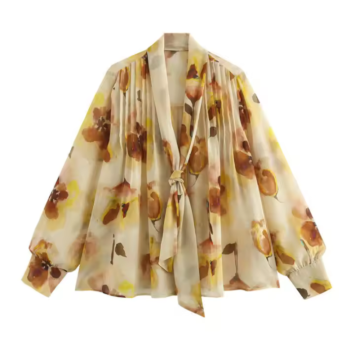 OUWU- Novedad De Primavera Y Verano, Producto, Pajarita Para Mujer, Estampado De Flores Atadas, Solapa Semitransparente, Camisa De Manga Larga - 1