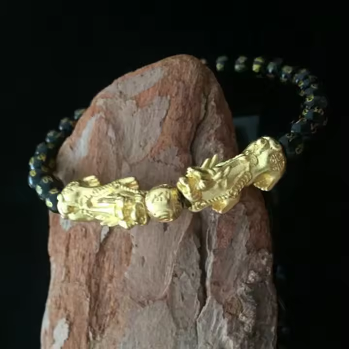 Pulsera de obsidiana de regalo de Pixiu Feng Shui doble de cobre puro para hombre y mujer, amuleto de buena suerte hecho a mano, joyería - 1