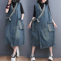 Vestidos de mujer de lujo con diseño de cinturón denim sin mangas para el verano 2023 estilo clásico de gran tamaño lavado a mano algodón forro chino - details 0