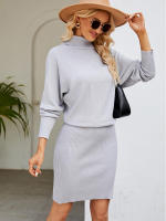 Vestido largo de punto para mujer, prenda ajustada con cuello de tortuga, manga de murciélago, falda por encima de la rodilla, Color liso, novedad de 2023 - details 2