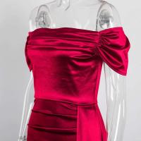 Vestido de dama de honor plisado de satén elástico, hombros descubiertos, vestido de noche formal, apertura frontal, hasta el suelo - details 9