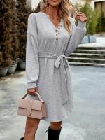 Vestido Corto de Crochet para Mujer Cuello en V, Color Sólido, Moda Casual, Prenda Única de Punto - details 14