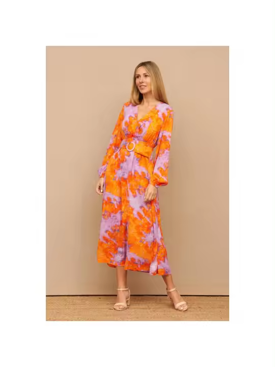 Vestido Midi Nome Estampado de Primavera Lila y Naranja con Cinturón Poliester, Polyester para Mujer Moda de Verano - 1