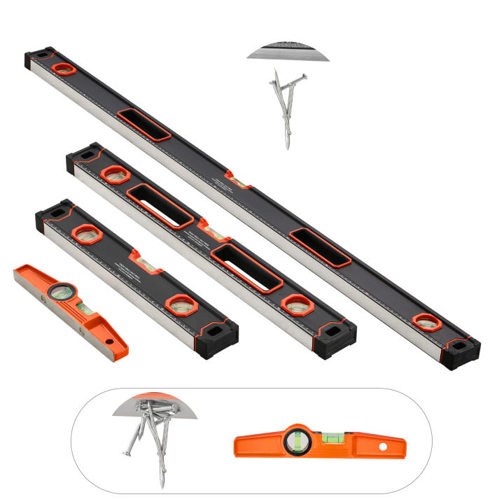 SucceBuy Juego de Niveles Torpedo de 4 Piezas (48/24/16/10 Pulgadas), niveles magnéticos con viales de burbujas fluorescentes. Aleación de aluminio, nivelador de caja magnética con escalas SAE y métricas para 45/90/180 ° .