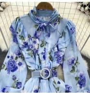 Elegante vestido midi de manga larga con corte en A y falda plisada, cintura ceñida, dobladillo de gasa, estampado floral coreano Sle Commute - details 28