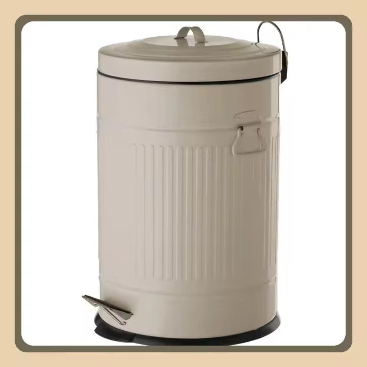 Papelera de cocina de 20 litros beige |   Cubo basura de pedal Retro redondo metálico de zinc galvanizado de 20 litros - 1