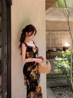 Vestido Vintage Floral con tirantes para mujer, falda larga con volantes elegantes, ajustada, con control de cintura, adelgazante, dividida - details 2