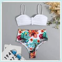 Conjunto de bikini bandeau liso, estampado tropical sexy, traje de baño mejorado para mujer, traje de baño de cintura alta con encaje en la espalda, ropa de playa - details 12
