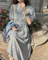 Vestido corpiño con mangas florales frescas para mujer, vestido largo romántico de estilo francés con temperamento suave, tejido de poliéster estampado - details 11