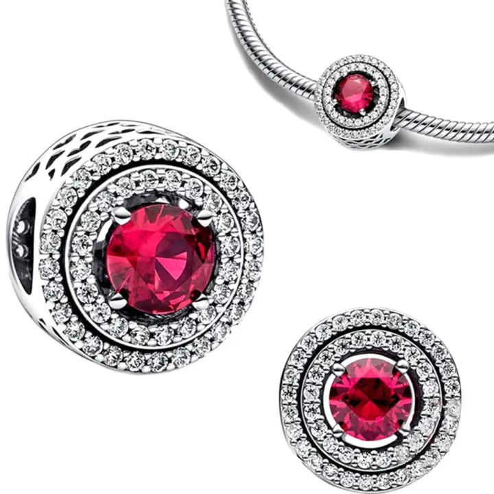Pulsera de plata de ley 925 para fabricación de joyas, abalorio redondo nivelado brillante, color rojo, Original, 925 - 1