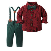 Ropa para niños Conjunto de camisa de manga larga para niños Corbata de moño Cárdigan estampado Traje de Navidad Vestido con tirantes - details 1