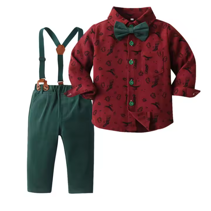 Ropa para niños Conjunto de camisa de manga larga para niños Corbata de moño Cárdigan estampado Traje de Navidad Vestido con tirantes - 1