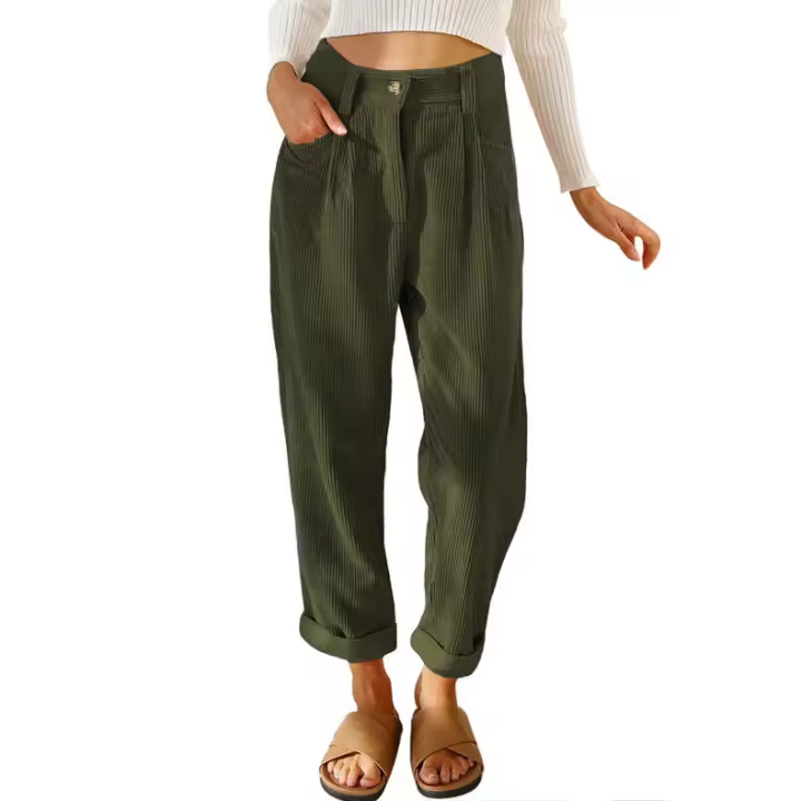 Pantalones largos de pana de cintura alta, casuales, de color sólido, holgados y rectos para mujer, otoño. - 1