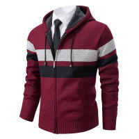 Otoño Invierno Casual Engrosamiento Hombres Abrigos Nuevo Cárdigan Suéter Moda Con Capucha Rayas Bloques de Color Mantener Caliente Suéter de Punto - details 3