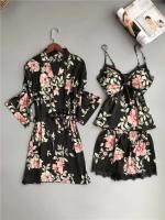 Ropa de seda satinada para mujer, bata Ence Home, alfombrilla para el pecho, pijama, rosa, blanco, 3 piezas - details 17