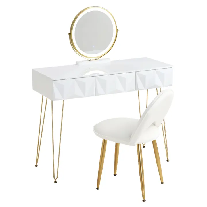 Mesa de Maquillaje Ajustable con Espejo LED Silla de Terciopelo para Habitación - 1