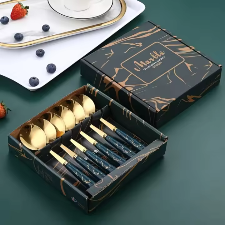 Juego de cucharas de acero inoxidable con patrón de mármol, 6 cucharas creativas para el hogar - 1