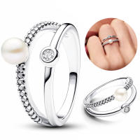 Anillo de Plata de Ley 925 para mujer, accesorio apilable con perlas dobles, diamantes, regalo de boda, tamaño 6-9 - details 0