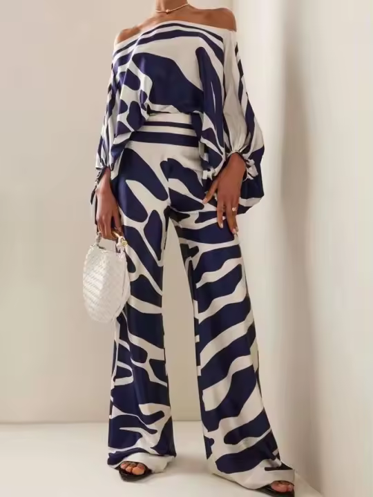 Conjunto de Pijama de Satén Impreso para Mujeres 2 Piezas, Hombro Descubierto, Pantalones Largos, Top de Cama Decoración del Hogar - 1