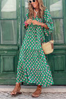 BUNO-Vestido largo bohemio con mangas abullonadas para mujer, vestido vintage elegante a la moda informal con estampado floral y cuello en V, vestidos holgados para fiesta en la playa y vacaciones - details 6