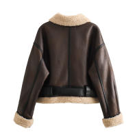 Chaqueta de piel sintética de oveja para mujer, abrigo forrado de Sherpa grueso con solapa, abrigo de motorista - details 4