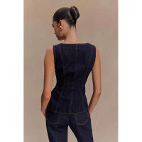 Conjunto de pantalones y top de mezclilla con cintura con botones de estilo moderno a la moda para mujer 30857 - details 4