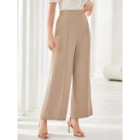 Pantalones de vestir coreanos elásticos cómodos y elegantes de cintura alta anchos de pierna recta marrón para mujer - details 15