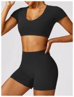 Conjunto de mallas de yoga, top, conjunto deportivo Fiess de manga corta, material de nailon para mujer, patrón sólido adaptable para primavera/verano - details 27
