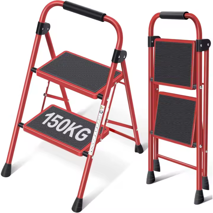 Escalera Plegable 4 Peldaños, Escalera de Tijera con Pedales Antideslizantes Anchos, Barandilla, Escalón Taburete de Acero Portátil Uso Hogar Cocina Oficina, Carga hasta 150 kg, Blanco - 1