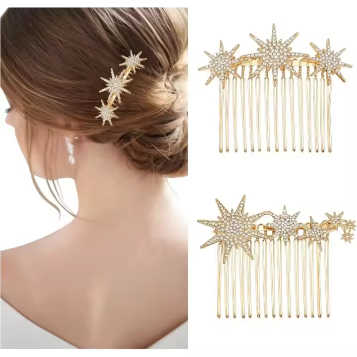 2PCS Peinetas de Pelo Estrella Peine de Diamantes de Imitación Clip Metal Dientes Laterales Peines del Cabello Peine de Diapositivas para Mujeres Chicas Peineta de Pelo Nupcial Accesorios(oro) - 1